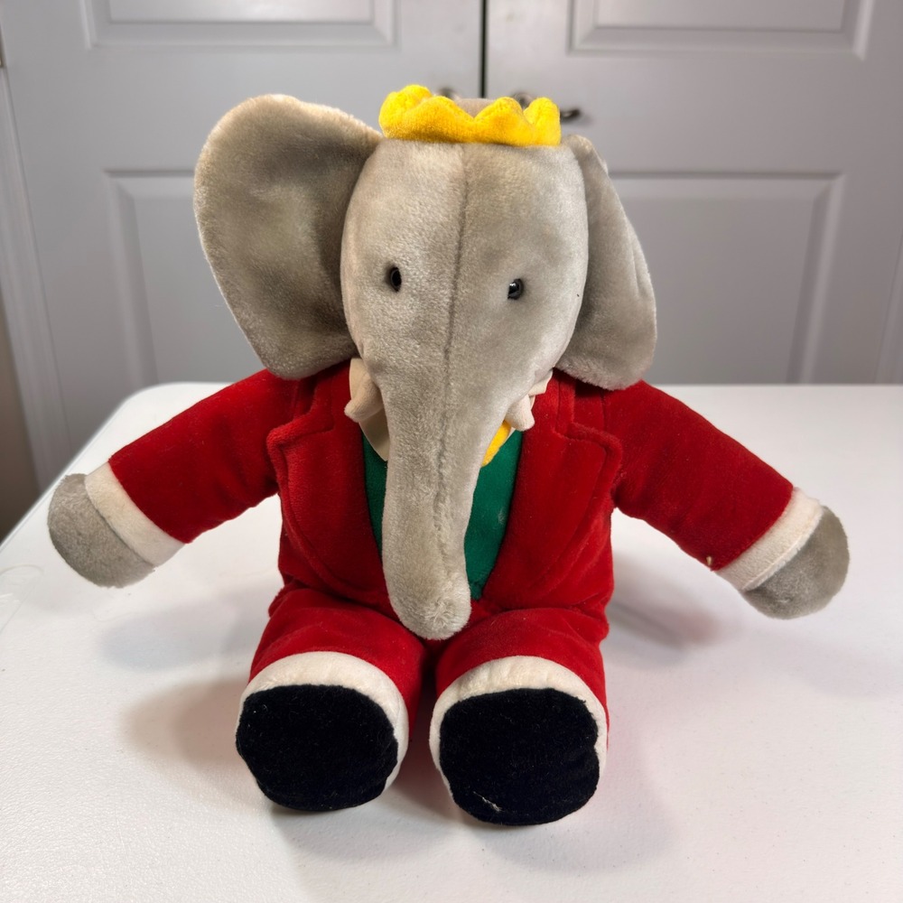 Vintage 1988 Gund Babar the Elephant Plush Red Suit Crown Storybook Toy 14"